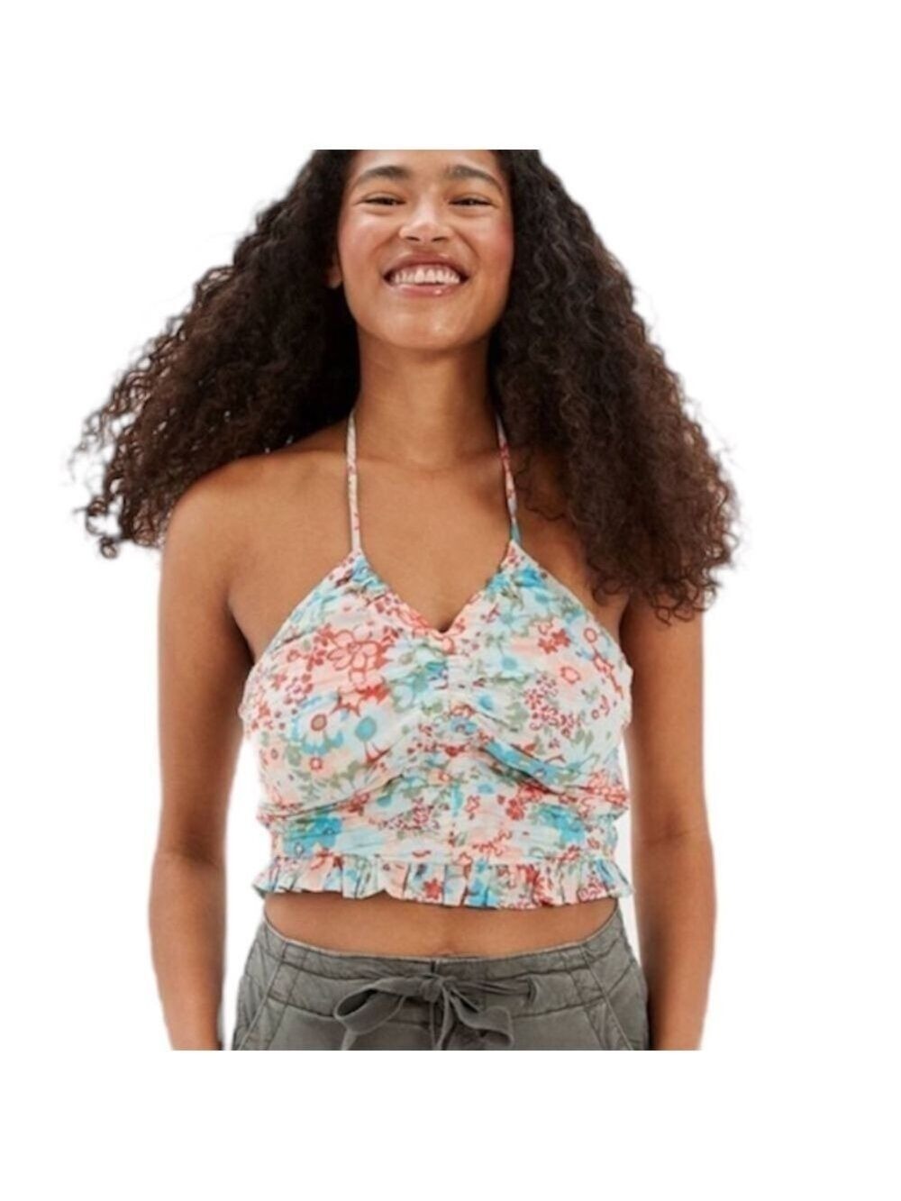 NWT American Eagle blue coral floral ruched crop top M